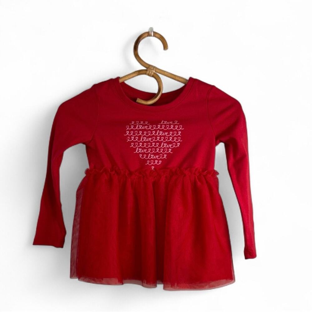 Cat & Jack Girls Red Long Sleeve Heart Graphic Tulle Dress size 5T